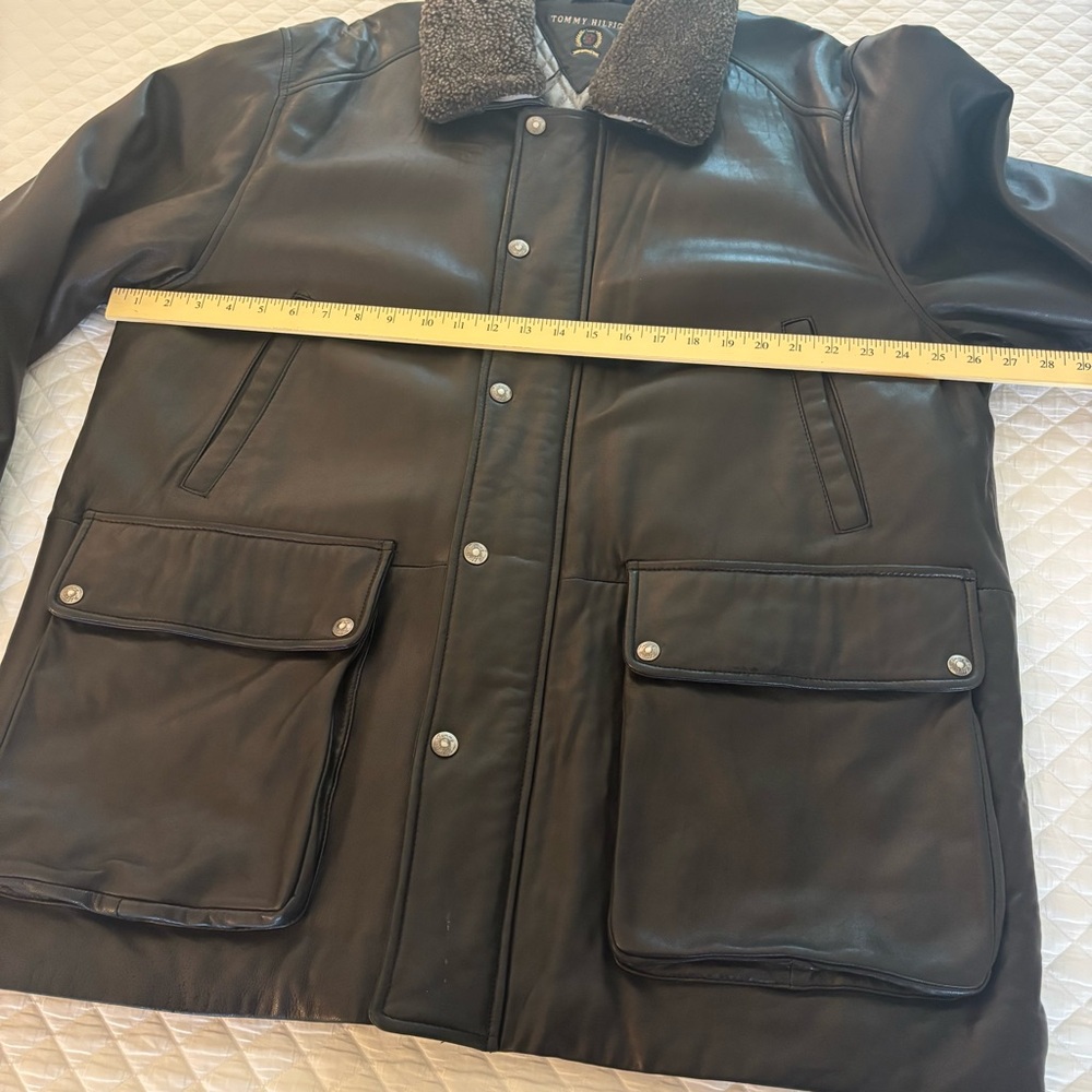 Vintage Tommy Hilfiger Black Leather Bomber Jacket Coat Shearling Collar Mens XL - Picture 13 of 16